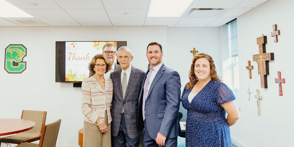 Janet and Mike Daley in the Daley Center for Campus Ministry, along with their son, Kevin, Cathedral High School President Dan Carmody, and Lindsey Hughes, the inaugural Director of Campus Ministry for the Daley Center for Campus Ministry