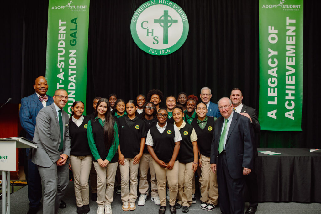 Cathedral Scholars with Paul Chisolm, President Dan Carmody, Principal Karl Danso, Keith Motley, Former Chancellor of University of Massachusetts Boston, and Bob O'Neil, Co-Chair for the Cathedral Now, Cathedral Forever campaign