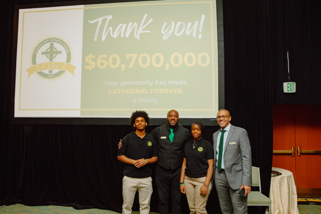 Two Cathedral student at the Annual Gala with Principal Karl Danso and Vice President of Student Affairs, Clinton Lassiter.